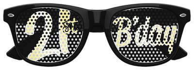 Black sunglasses with see-through 21ST Birthday design on perforated lenses for a bold party look.