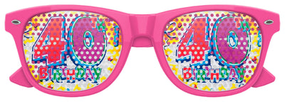 Funglasses 40th birthday party sunglasses in pink with celebratory design, perfect for milestone birthday celebrations.