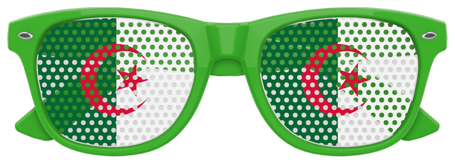 Algeria flag-themed Funglasses World Cup party sunglasses with green, white, and red colors, suitable for sports celebrations.