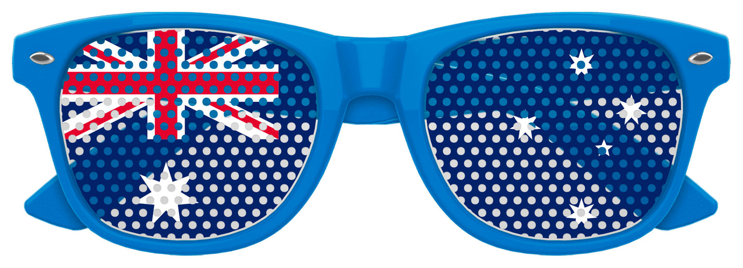 Funglasses with Australia flag design for World Cup party, featuring blue lenses and patriotic flag pattern.