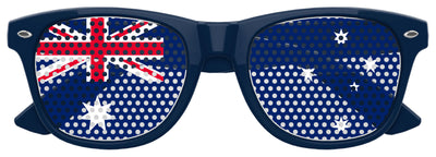 Funglasses with Australian flag design for World Cup celebrations, navy blue sunglasses featuring Australia flag print.