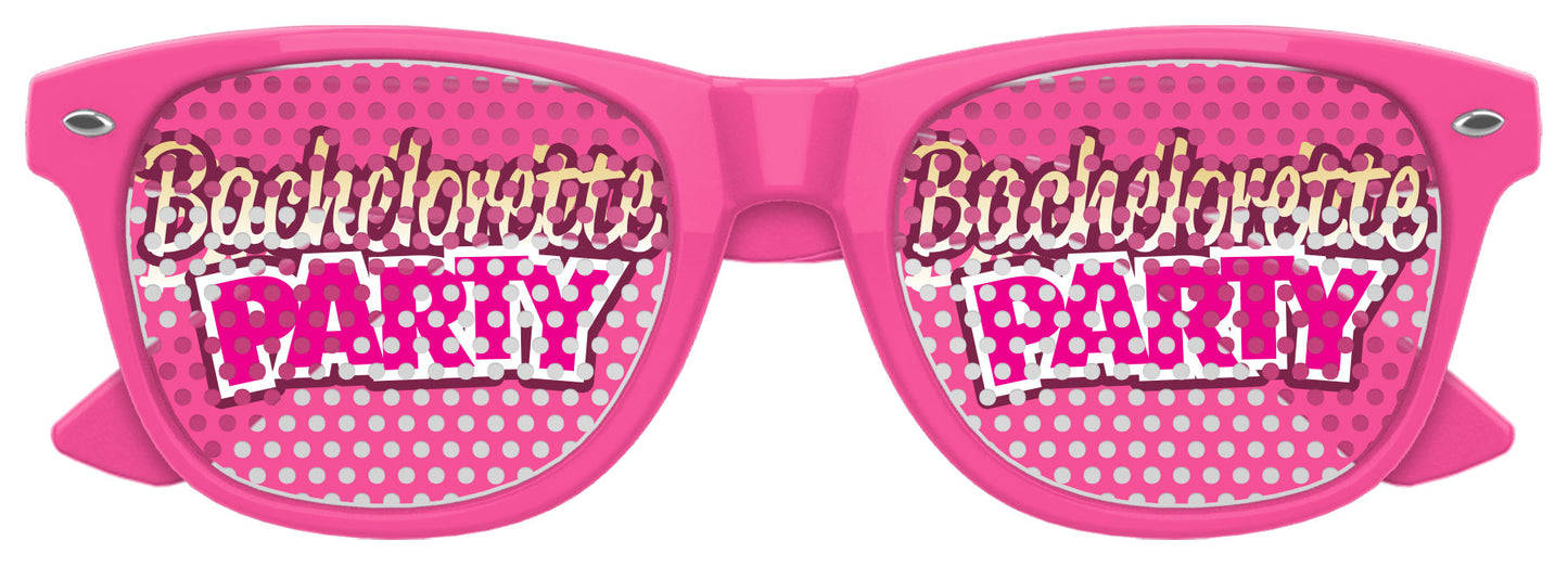 Pink sunglasses with 'Bachelorette Party' text on a white background