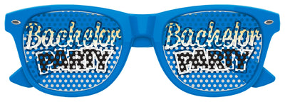 Blue sunglasses with 'Bachelor Party' text on a white background