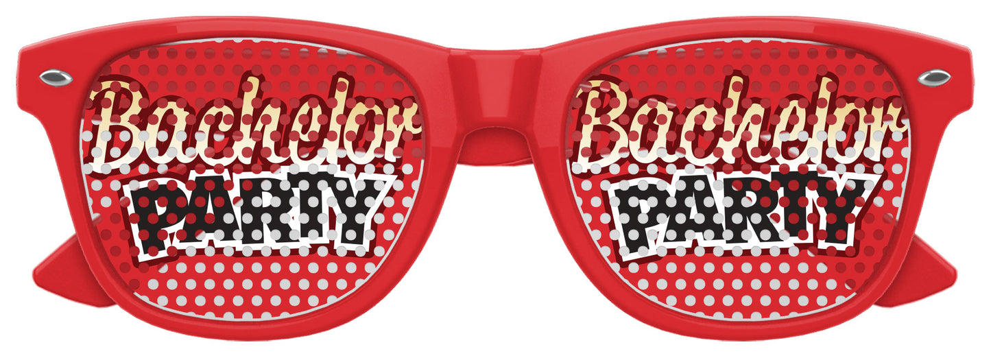 Red sunglasses with 'Bachelor Party' text on a white background