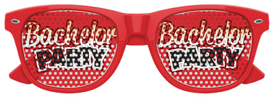 Red bachelor party sunglasses by Funglasses with "Bachelor Party" text, perfect for wedding celebrations.