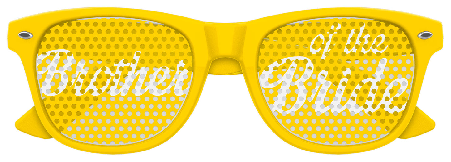 Funglasses Brother of the Bride wedding party sunglasses in yellow with black frames, stylish accessory for wedding photos.
