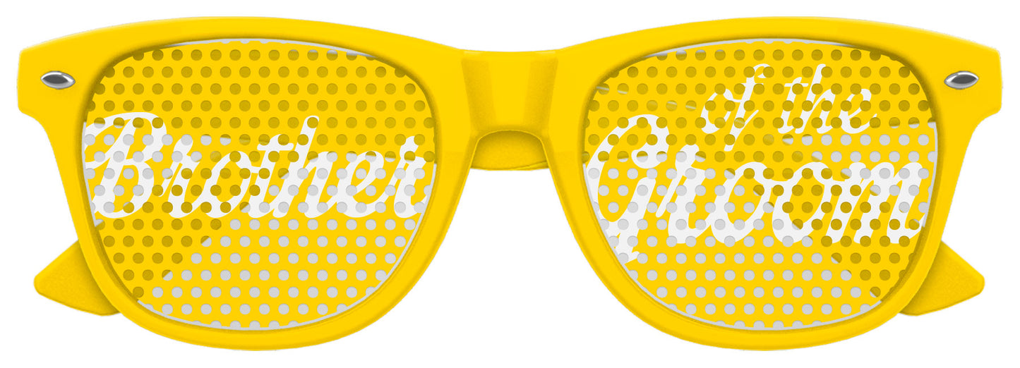 Funglasses brother of the groom wedding party sunglasses in yellow with black text, stylish accessory for wedding photos