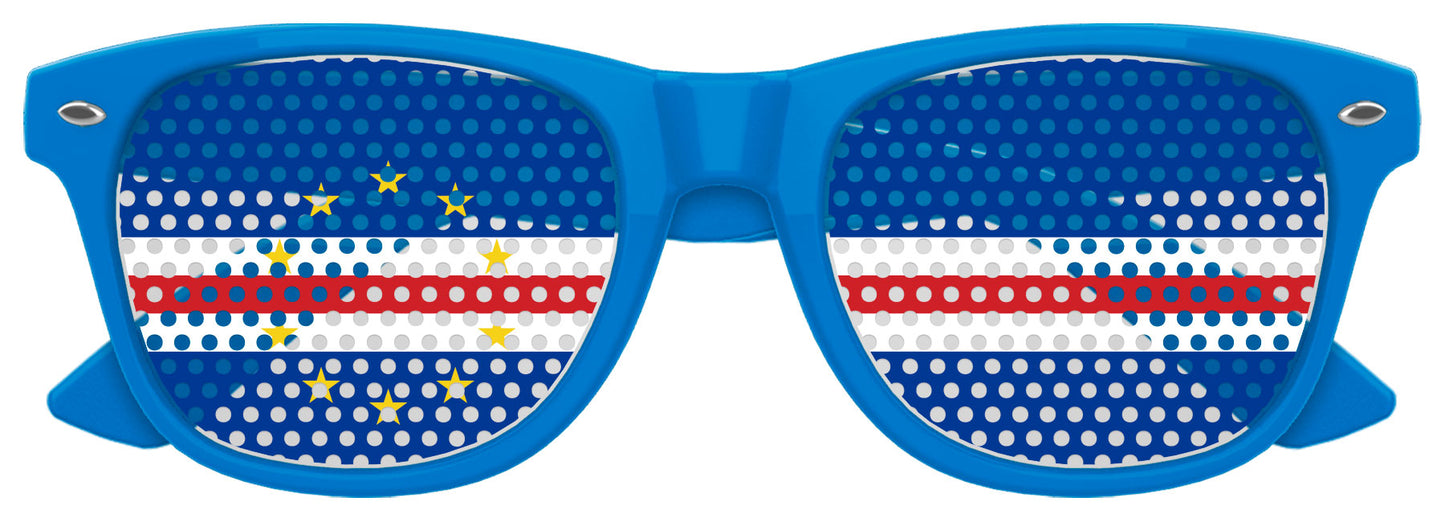 Funglasses with Cabo Verde flag design for World Cup party, featuring blue tint and stylish frame.