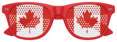 Red Canada flag sunglasses by Funglasses for World Cup parties, featuring bold flag design and UV protection.