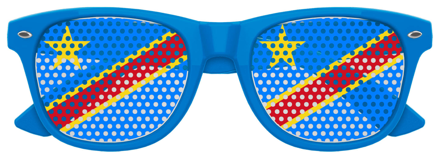 Blue Congo flag sunglasses by Funglasses with "CONGO" text, perfect for World Cup parties, featuring vibrant colors and sporty style.