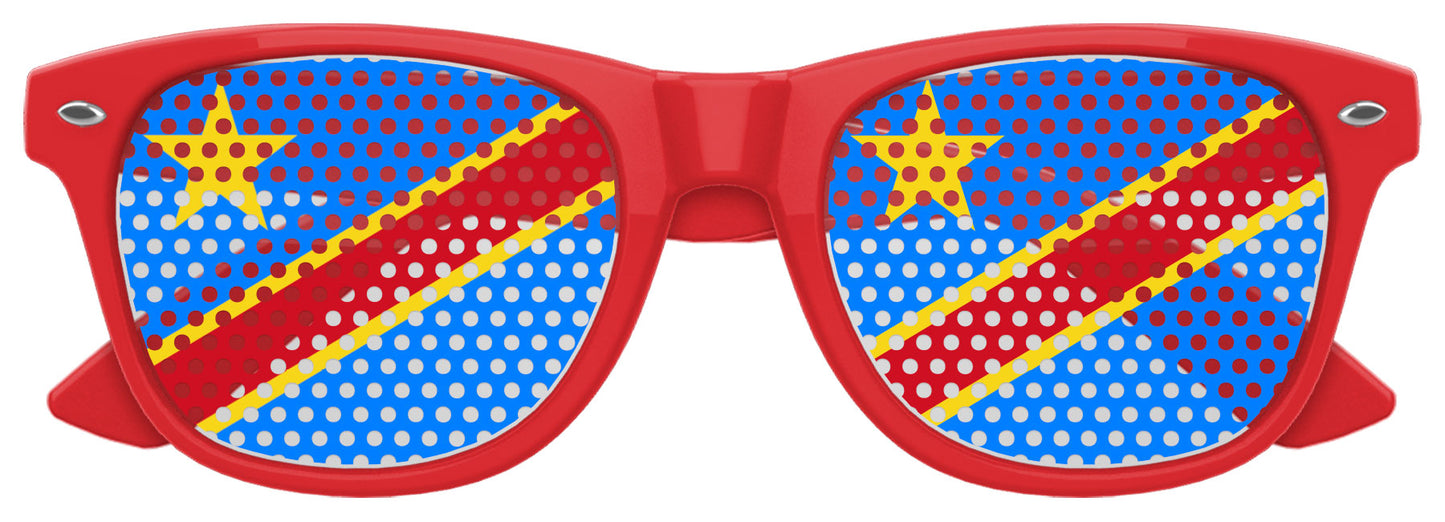 Red Congo flag sunglasses by Funglasses, featuring bold flag design, perfect for World Cup parties and celebrating football events.