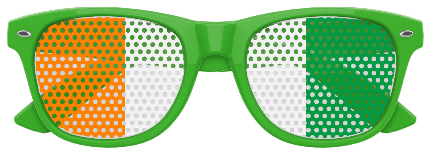 Funglasses with Côte d’Ivoire flag design for World Cup party, featuring green, yellow, and orange colors on the sunglasses.