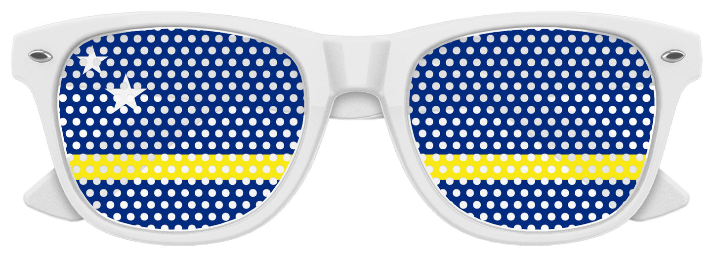 Curaçao flag World Cup party sunglasses by Funglasses with white frame and Curaçao flag design on the lenses.