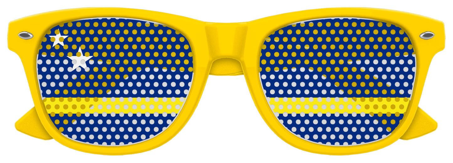 Yellow Curaçao flag sunglasses by Funglasses featuring the Curaçao flag design, perfect for World Cup parties and celebrations.