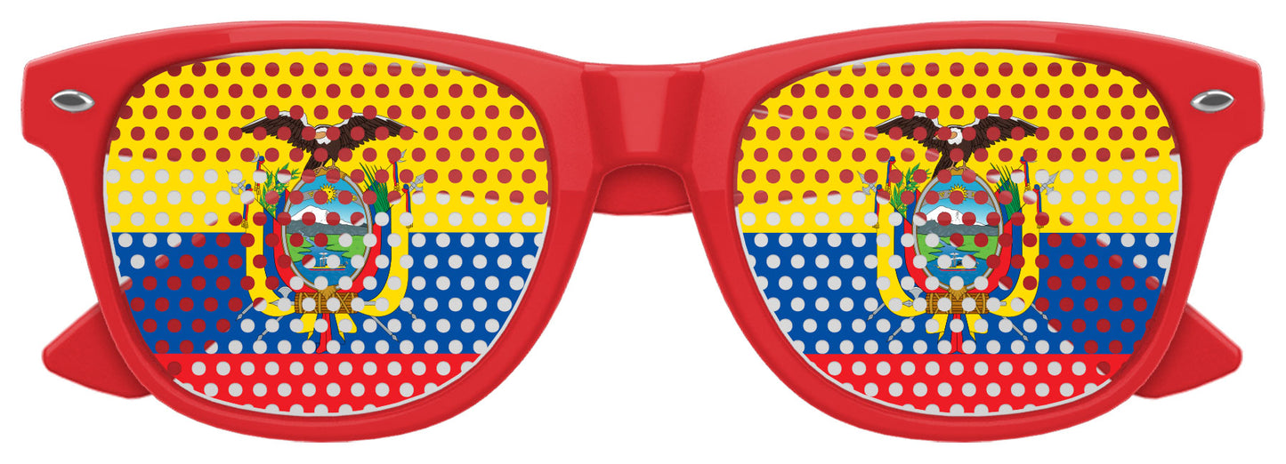 Ecuador flag World Cup party sunglasses by Funglasses featuring red, green, and yellow colors with Ecuador flag design lenses.
