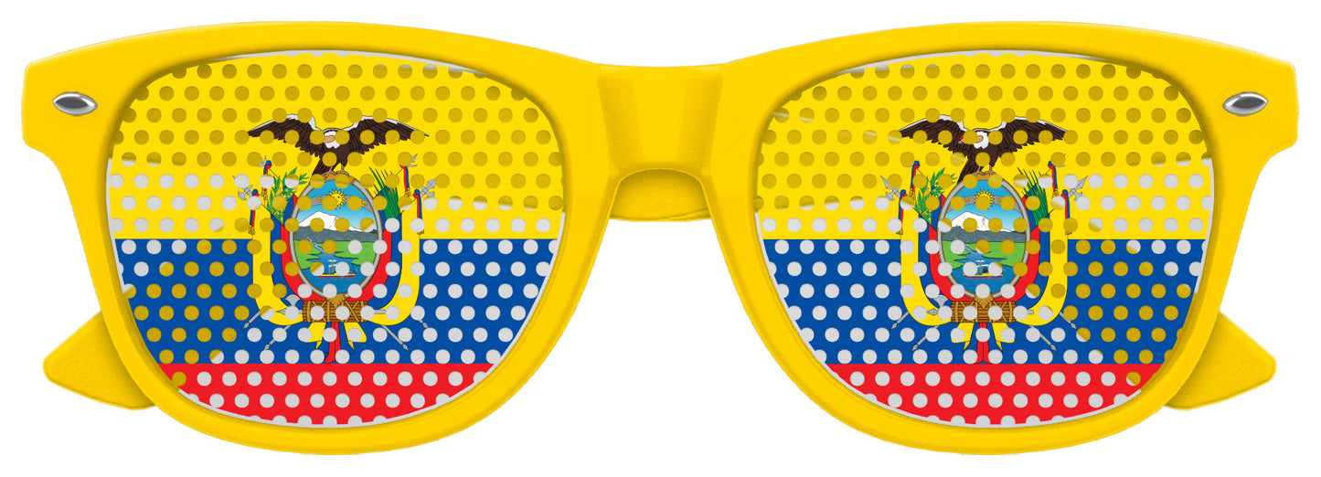 Ecuador flag themed sunglasses by Funglasses with yellow lenses, perfect for World Cup celebrations and fan support.