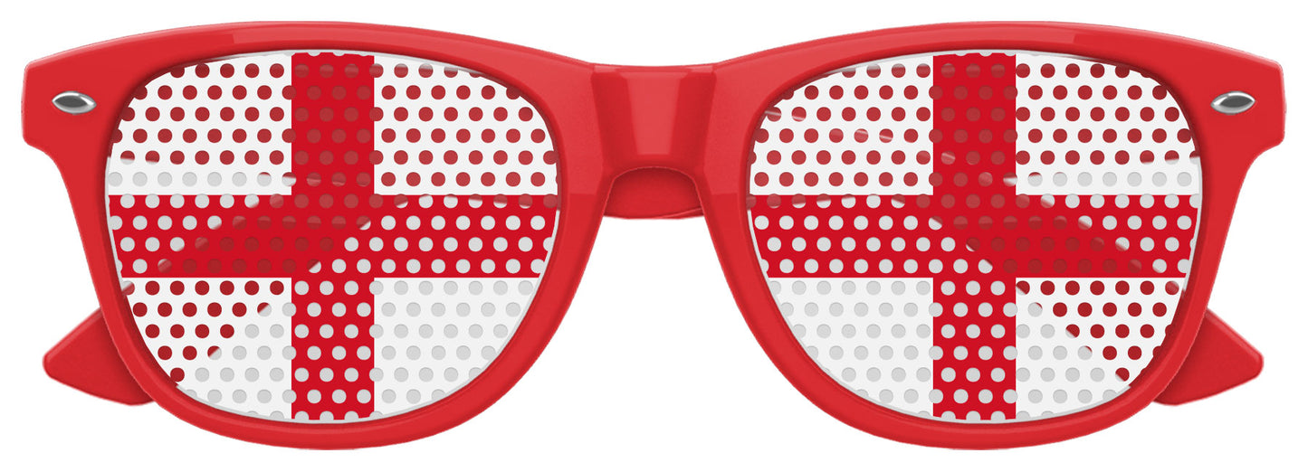 Funglasses with England flag design for World Cup parties, featuring red, white, and blue colors and patriotic branding.