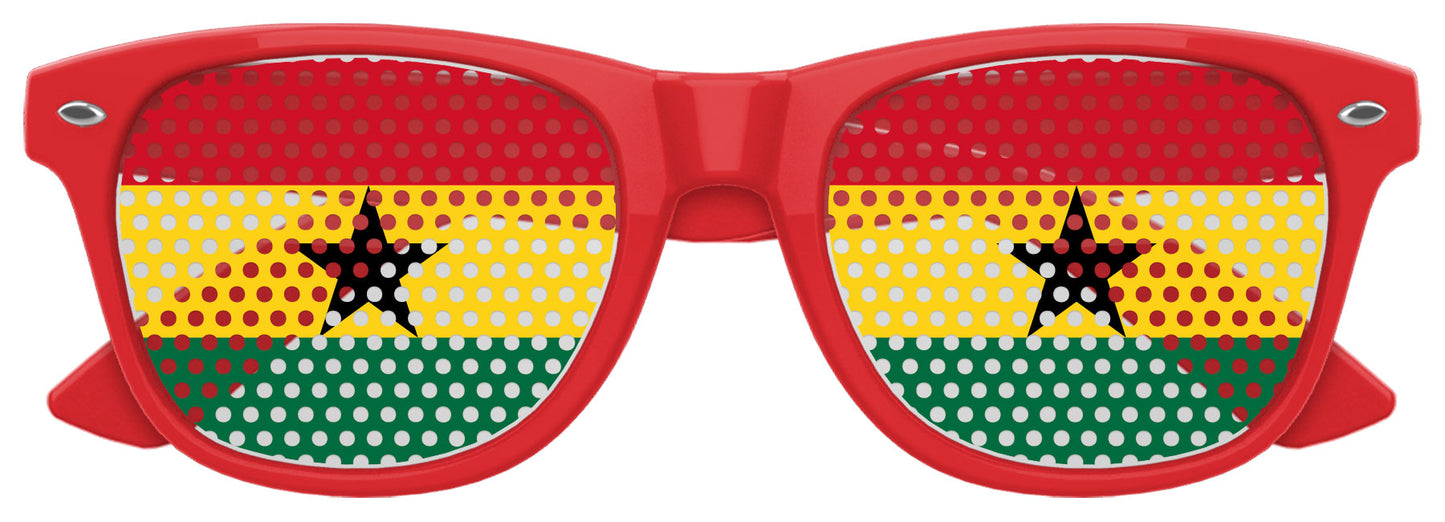 Ghana flag World Cup party sunglasses by Funglasses with red, yellow, green colors and Ghana emblem on the frames.