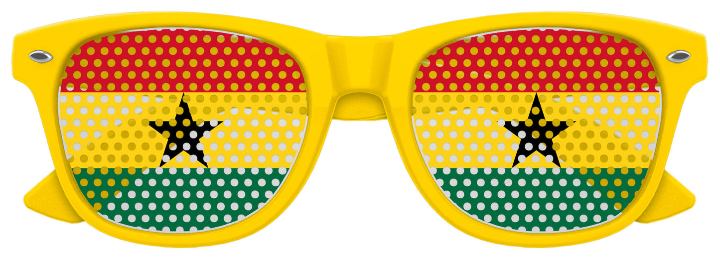 Yellow Ghana flag-themed World Cup party sunglasses by Funglasses featuring bold Ghana flag design and UV protection.