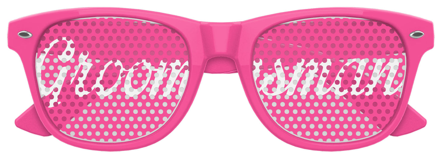 Pink Groomsmans wedding party sunglasses from Funglasses with black frames and tinted lenses, ideal for wedding accessories.