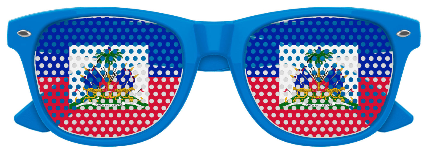 Funglasses with Haiti flag design for World Cup party, blue frame and flag-themed lenses, casual and festive eyewear.