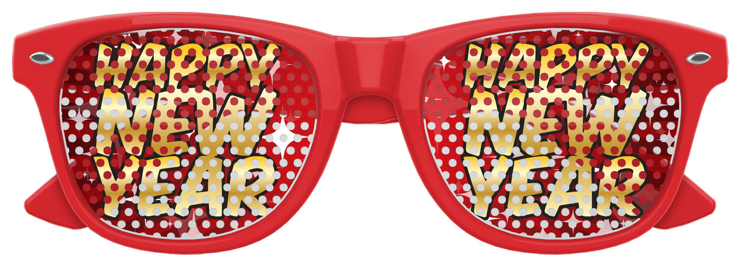 Red Happy New Year party sunglasses by Funglasses with festive design and bold text for celebration.