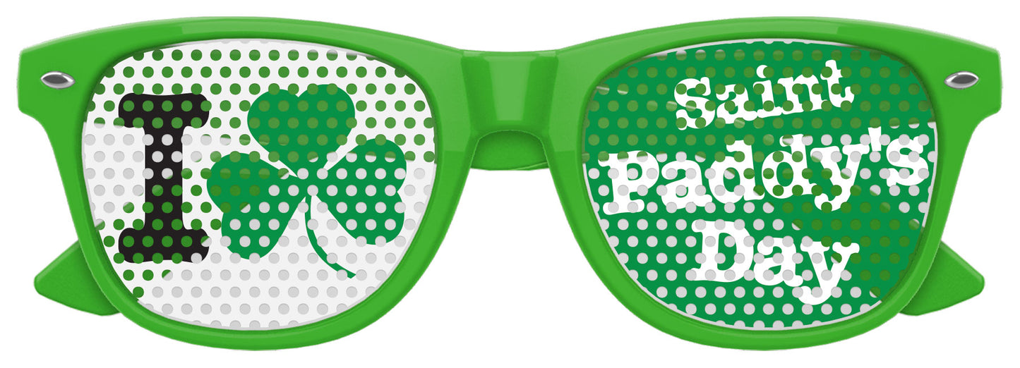 Green St. Patrick's Day party sunglasses by Funglasses with "I LOVE ST PADDY'S DAY" text, festive accessory for celebrations