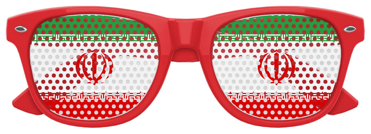 Funglasses with Iran flag design for World Cup party, featuring red and white colors, stylish sunglasses for football fans