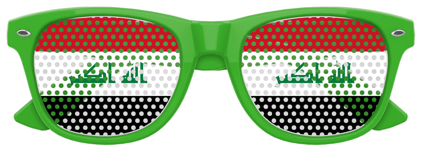 Funglasses featuring the Iraq flag design, green and white colors, shaped for a World Cup party, with tinted lenses.