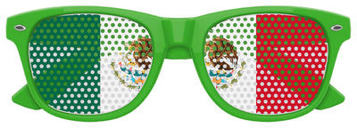 Funglasses with Mexico flag design for World Cup celebrations, featuring green, white, and red colors and sunglasses style.