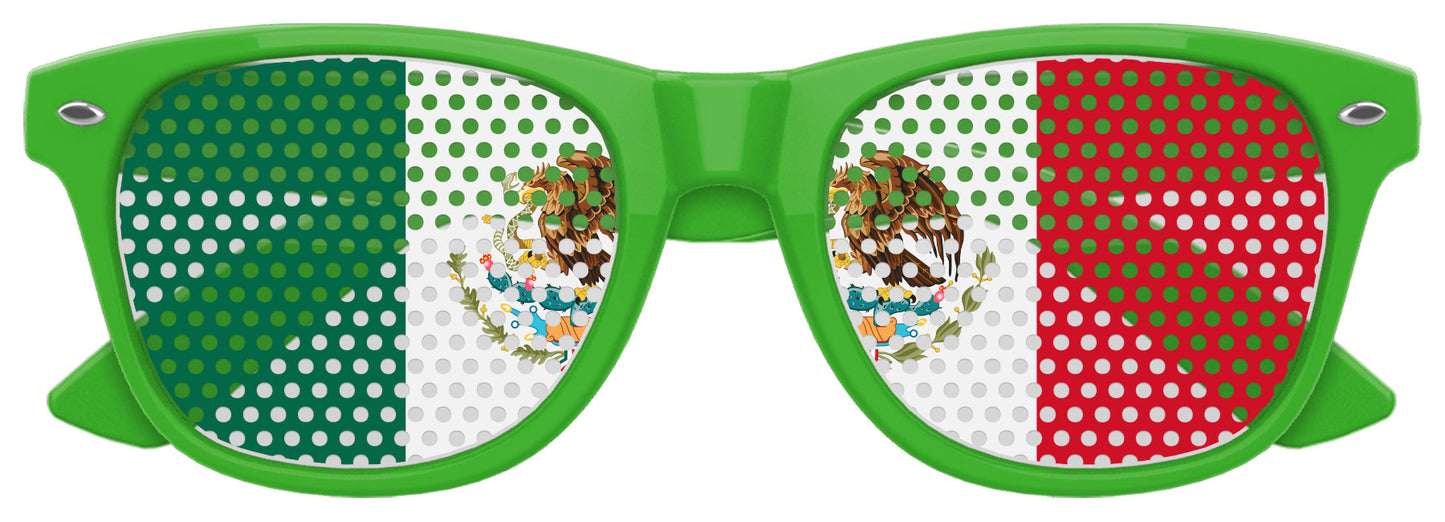 Funglasses with Mexico flag design for World Cup party, featuring green lenses and patriotic Mexican flag graphics.