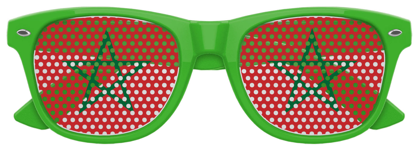Morocco flag World Cup party sunglasses with green lenses and Morocco flag design, branded Funglasses.