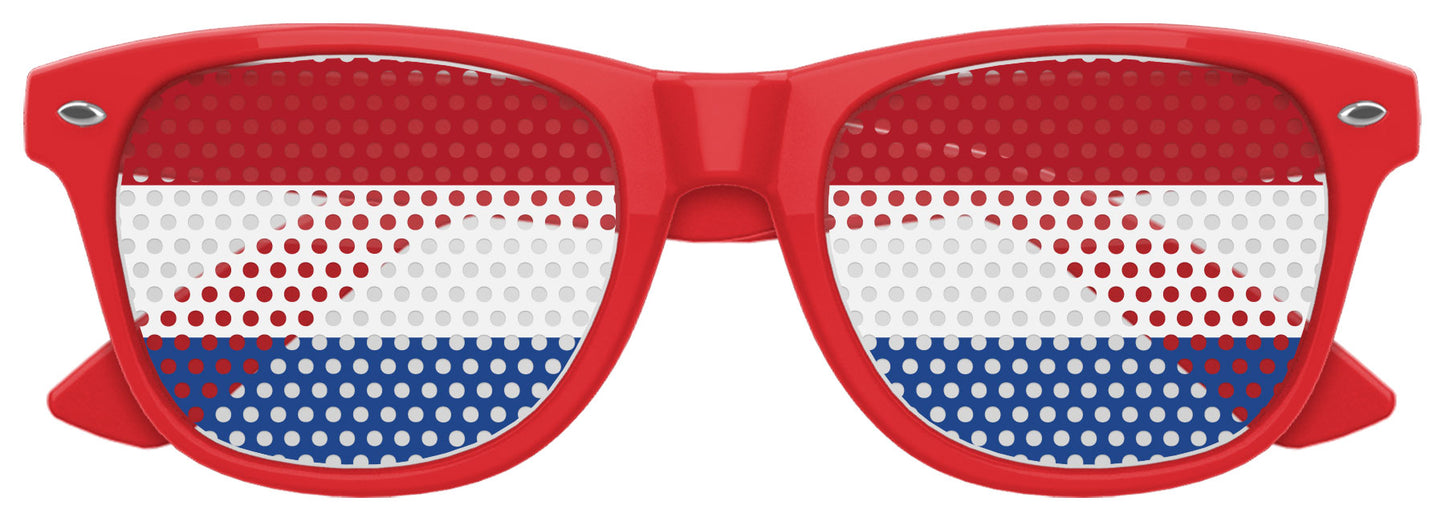 Funglasses with Netherlands flag design for World Cup party, featuring red, white, and blue colors and a stylish sunglass frame.