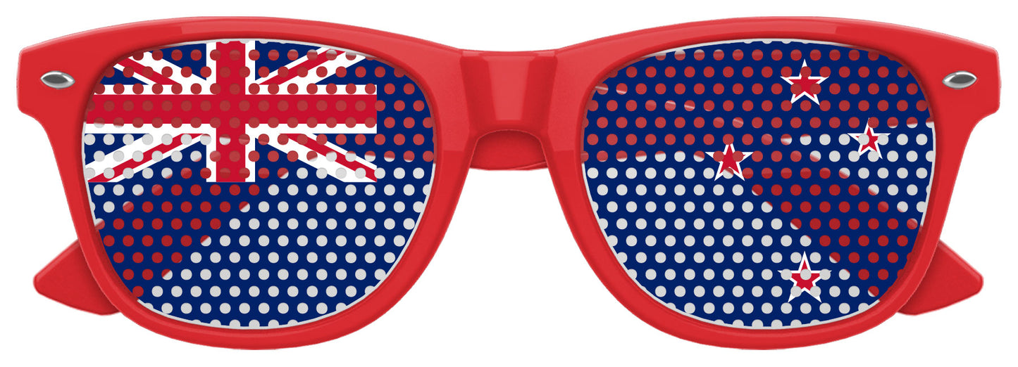 Funglasses with New Zealand flag design, red and black colors, for World Cup party fans, featuring the Kiwi flag pattern.