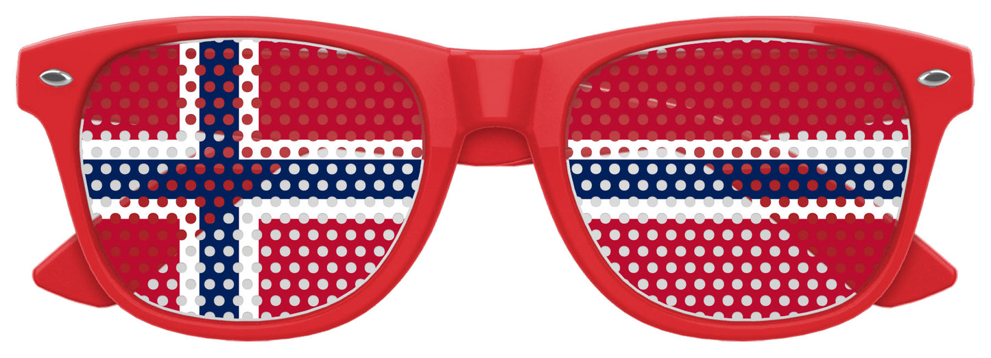 Funglasses Norway flag World Cup party sunglasses with red, white, and blue design for celebrating football tournaments.