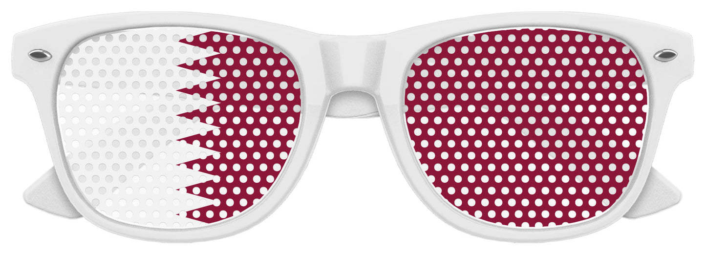 Funglasses Qatar Flag World Cup party sunglasses with white frame and Qatar flag design on the lenses for festive support.
