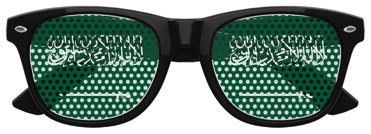 Funglasses with Saudi Arabia flag design for World Cup party, black frame, patriotic sports sunglasses.
