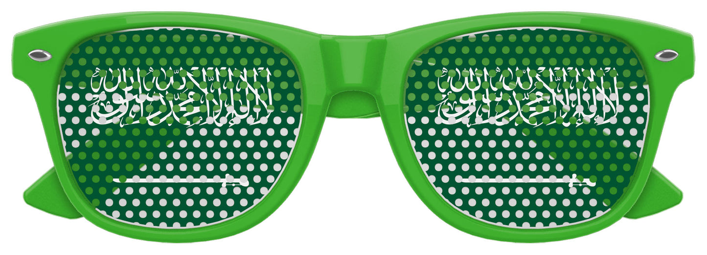 Funglasses with Saudi Arabia flag design for World Cup party, green and white sunglasses with national flag patterns.