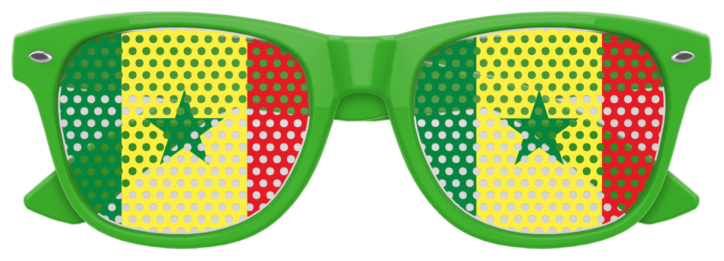Funglasses Senegal flag World Cup party sunglasses with green and yellow design, featuring Senegal national emblem and bold colors.