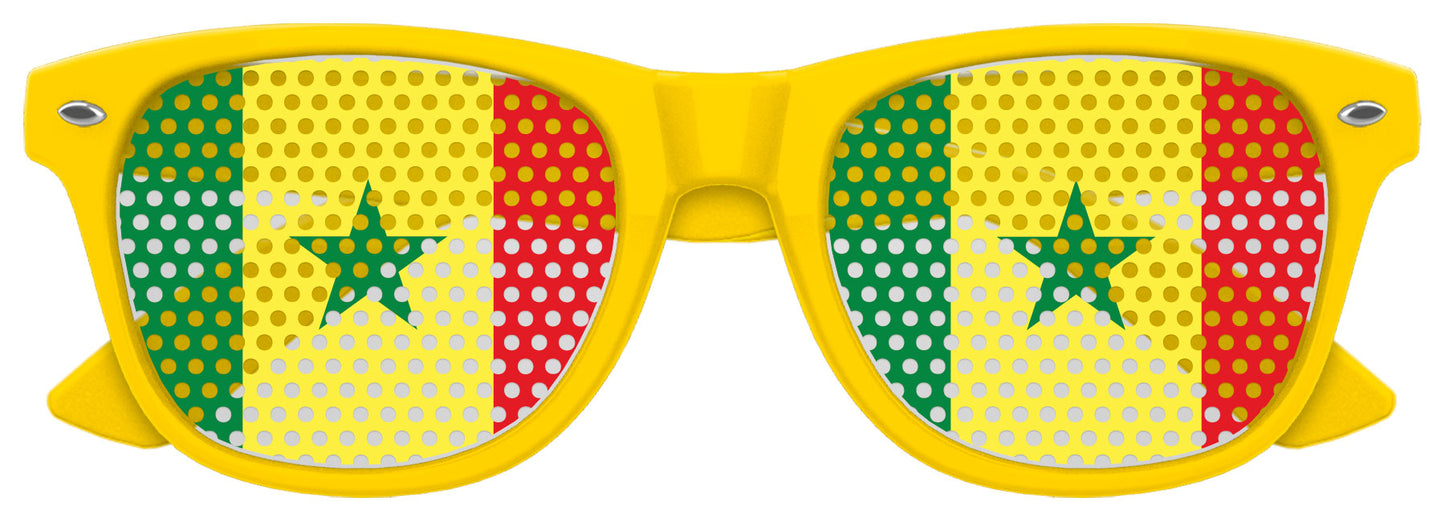 Funglasses with Senegal flag design for World Cup party, yellow and green lenses, and black frame.