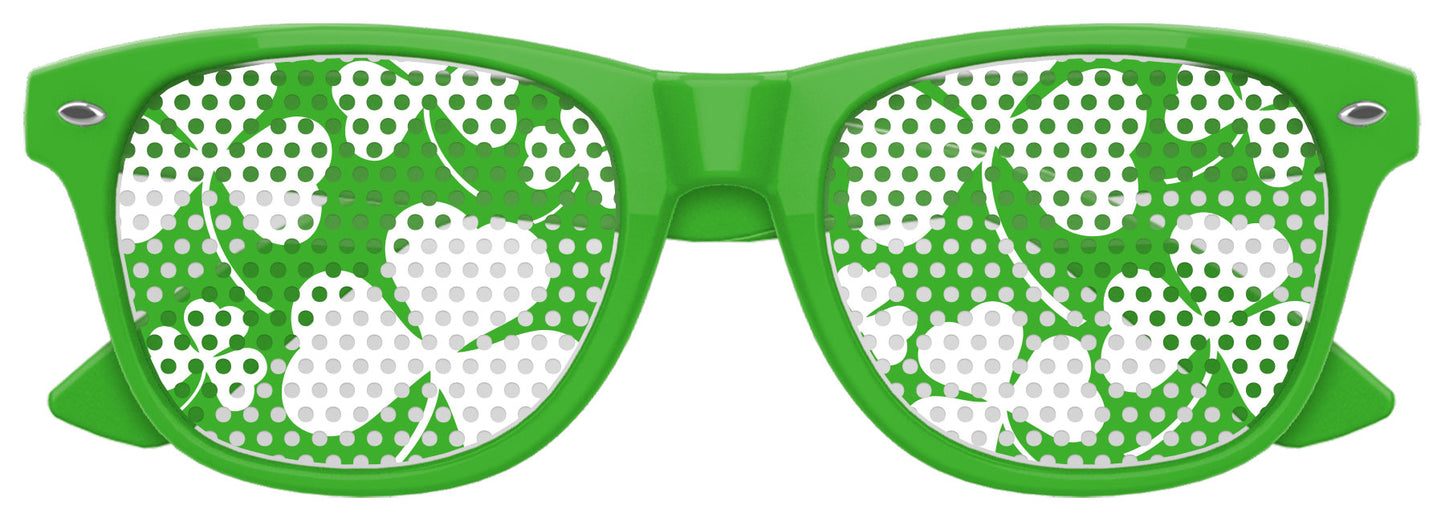 Green shamrock-shaped sunglasses by Funglasses for St. Patrick's Day party, featuring festive shamrock designs on the lenses.