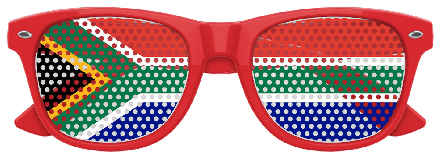 Funglasses with South Africa flag design for World Cup parties, featuring vibrant red, green, and black colors on stylish sunglasses.
