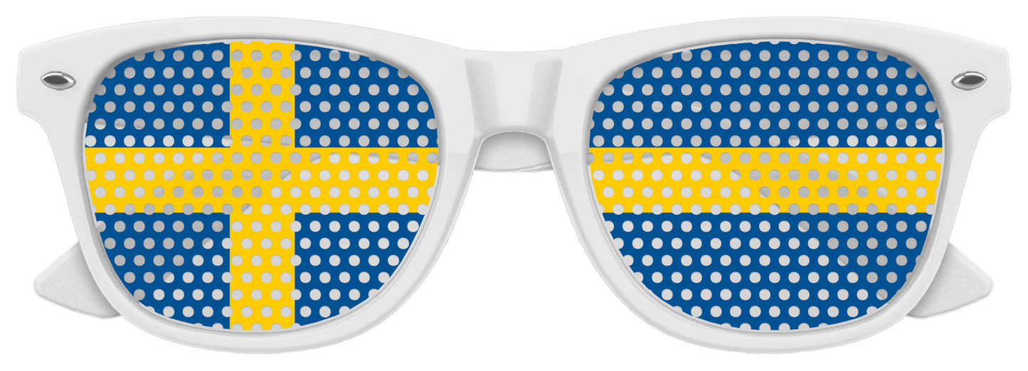 White Sweden flag themed World Cup party sunglasses by Funglasses, featuring bold flag design for sporting events and celebrations.