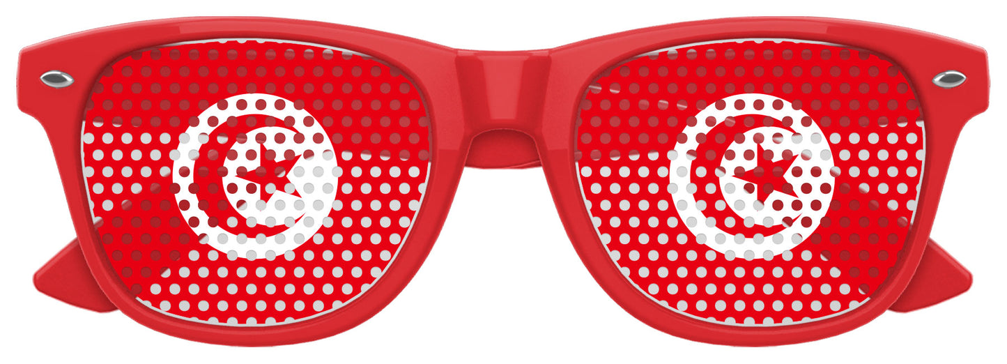 Red Tunisia flag-themed sunglasses by Funglasses, perfect for World Cup celebrations, with bold flag design and stylish frames.