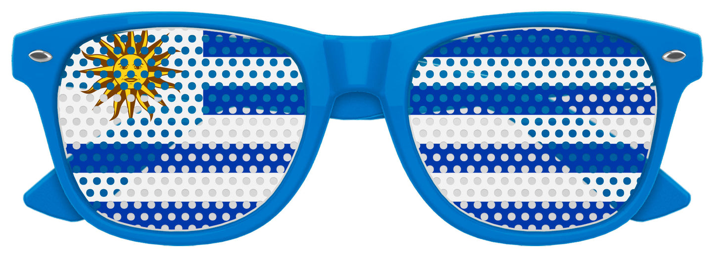 Funglasses Uruguay flag World Cup party sunglasses with blue lenses and Uruguay flag design on the frame.