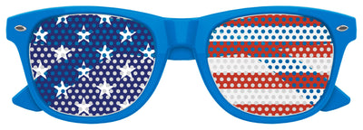 Blue USA Flag World Cup party sunglasses by Funglasses with USA flag design on stylish, UV-protective eyewear.