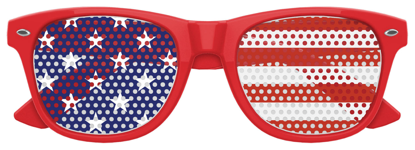 Red USA flag World Cup party sunglasses by Funglasses, featuring bold red, white, and blue patriotic design for sporting events.