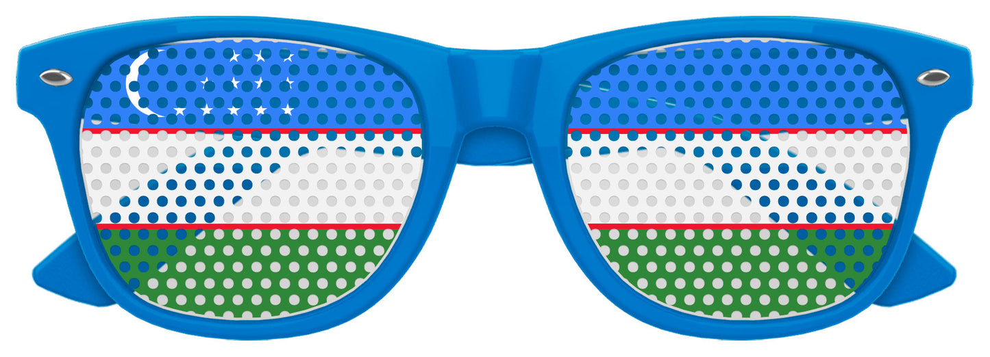 Blue Uzbekistan flag sunglasses with "Funglasses" branding, perfect for World Cup parties, featuring vibrant colors and patriotic design.