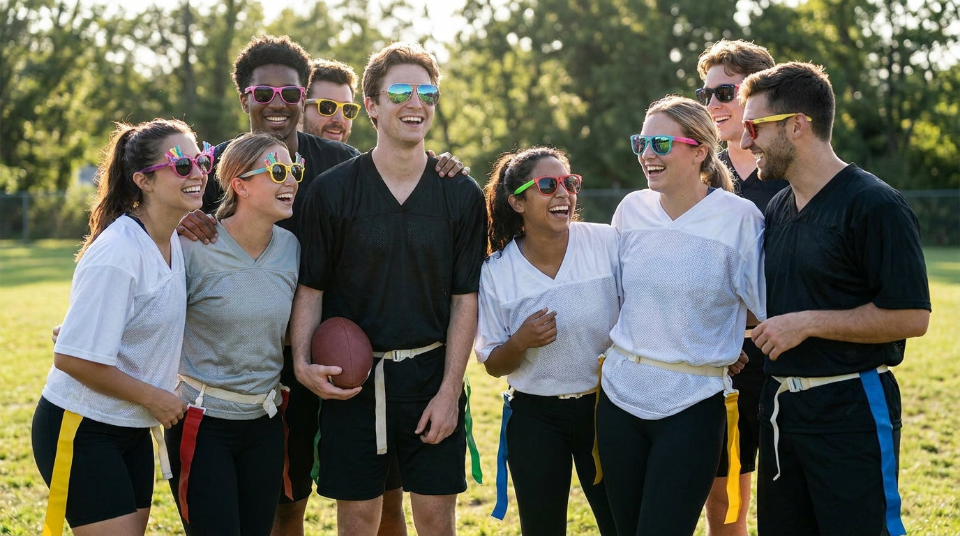 Party sunglasses for the flag football crew