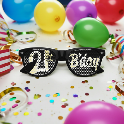 Funglasses 21st birthday party sunglasses with colorful, fun frame design for celebrating 21st birthday events.